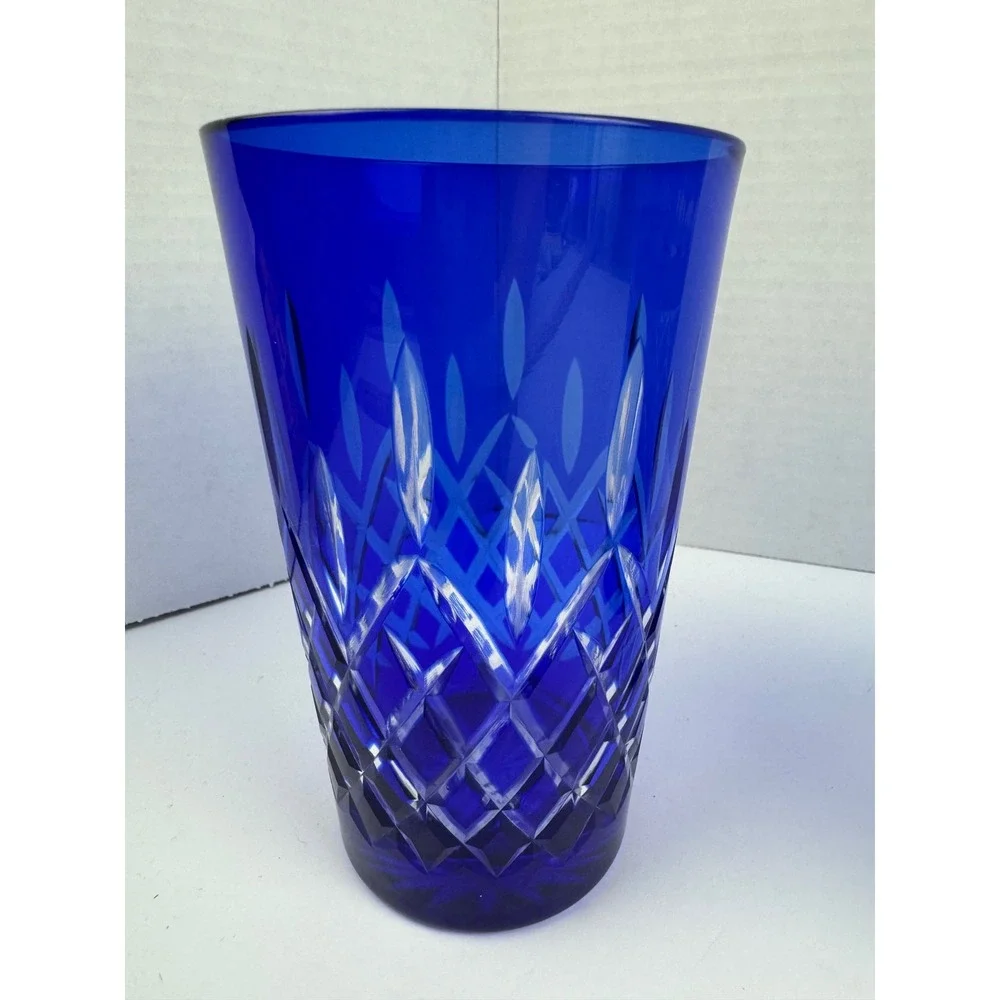 VTG Cobalt Blue Cut to Clear Highball Glasses Set 4 Mixed Pattern Towle Style